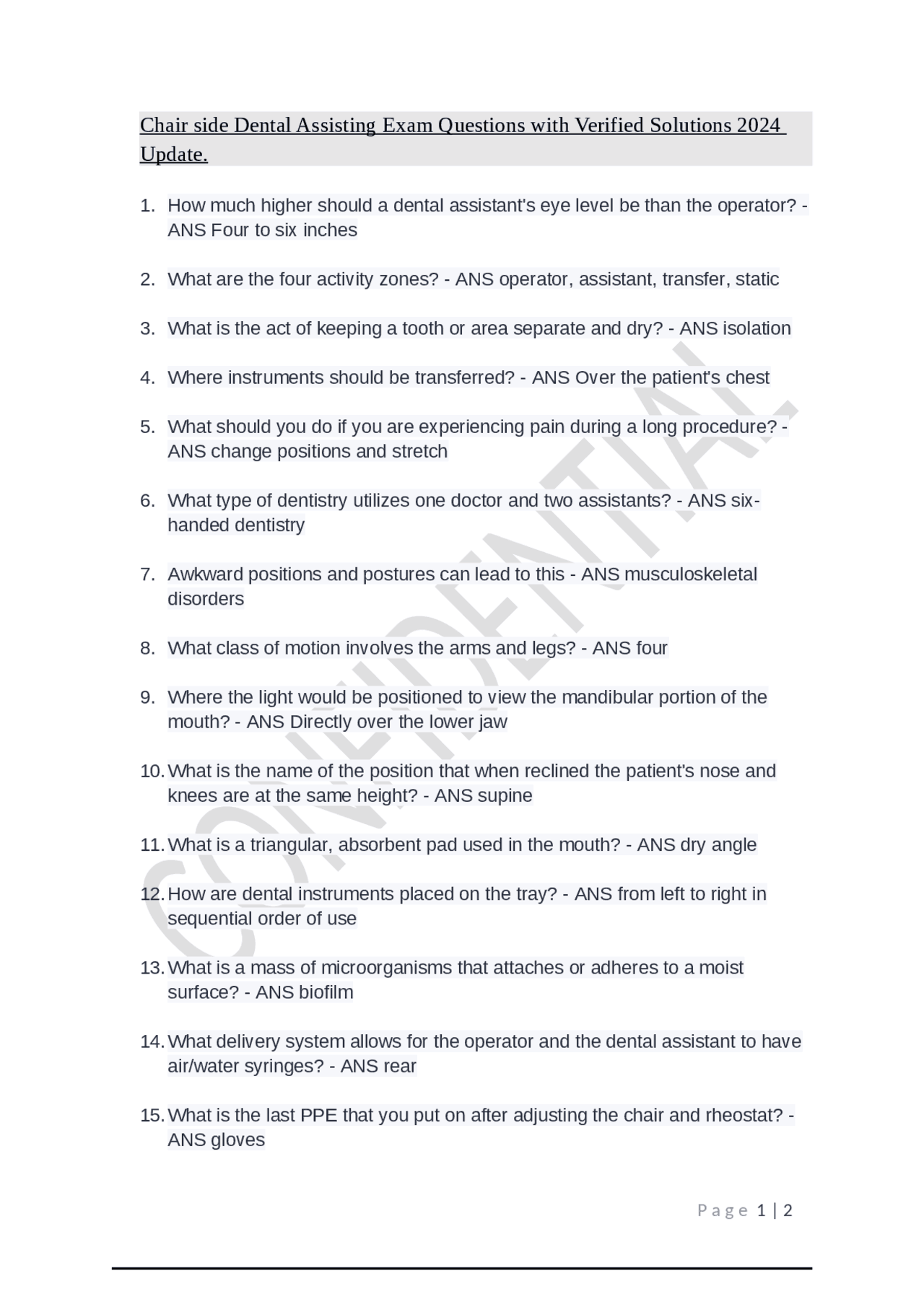 Chairside Dental Assisting Exam Questions and Answers for 2024 | Exams ...