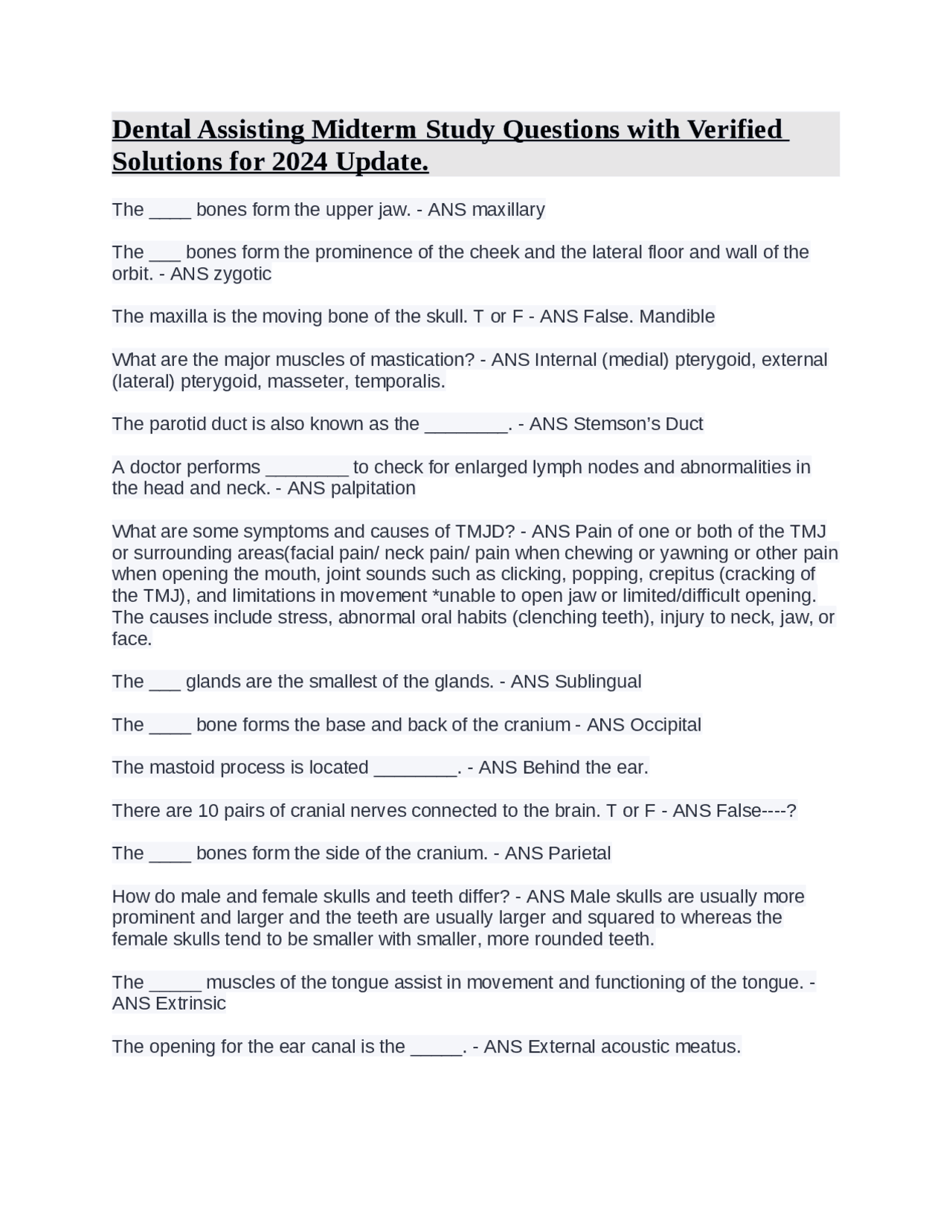 Dental Assisting Midterm Study Questions with Verified Solutions for