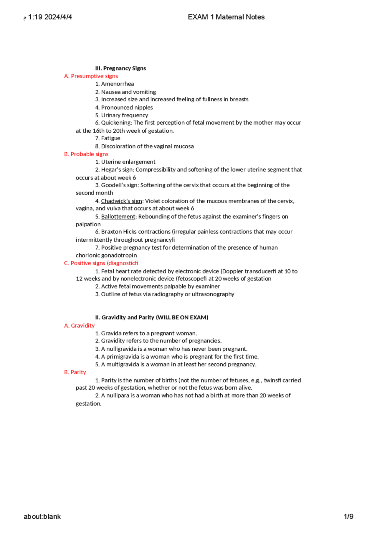 EXAM 1 Maternal Notes Maternal Child Nursing NR 327 | Exams Nursing ...