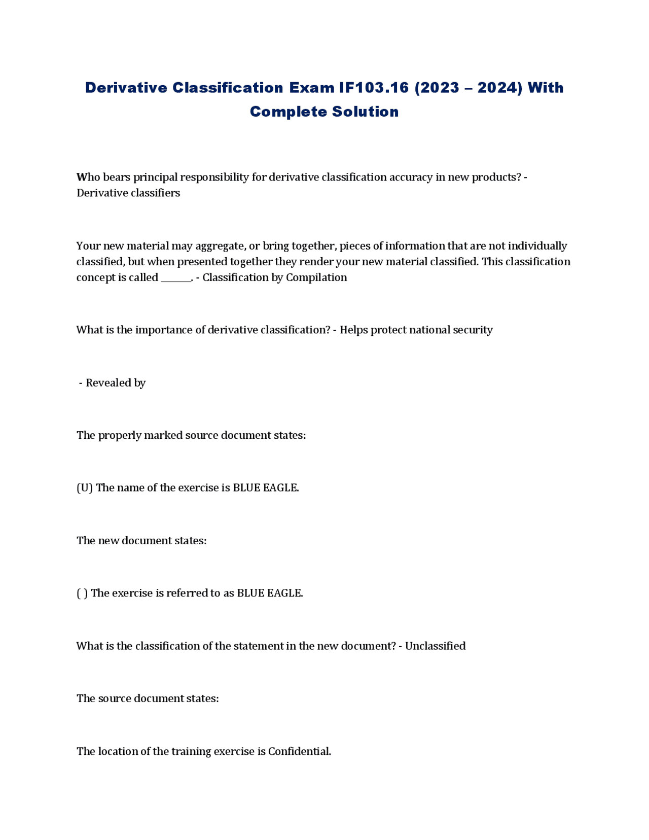 Derivative Classification Exam IF103.16 (2023 – 2024) With Complete ...
