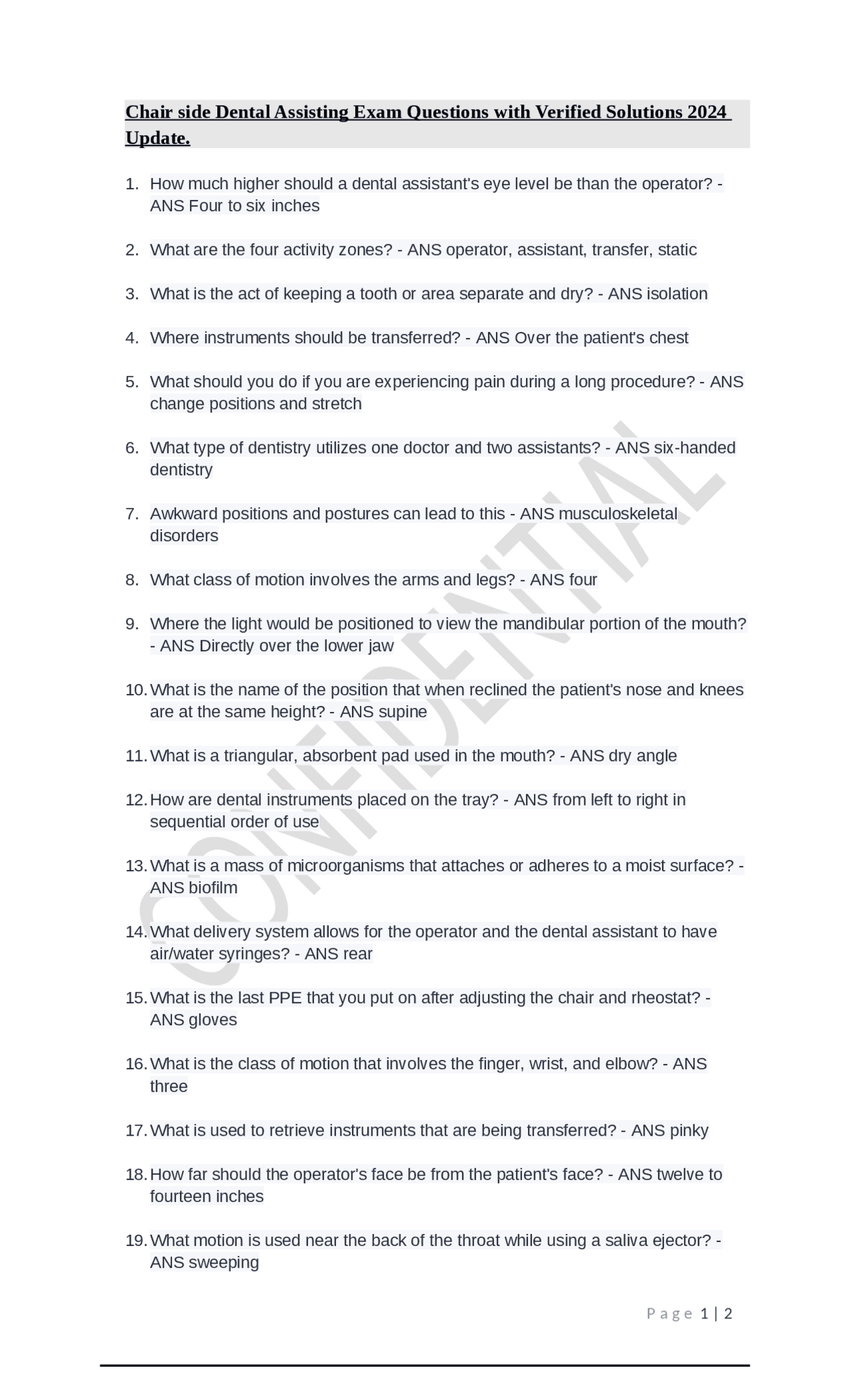 Chairside Dental Assisting Exam Questions with Verified Solutions 2024 ...