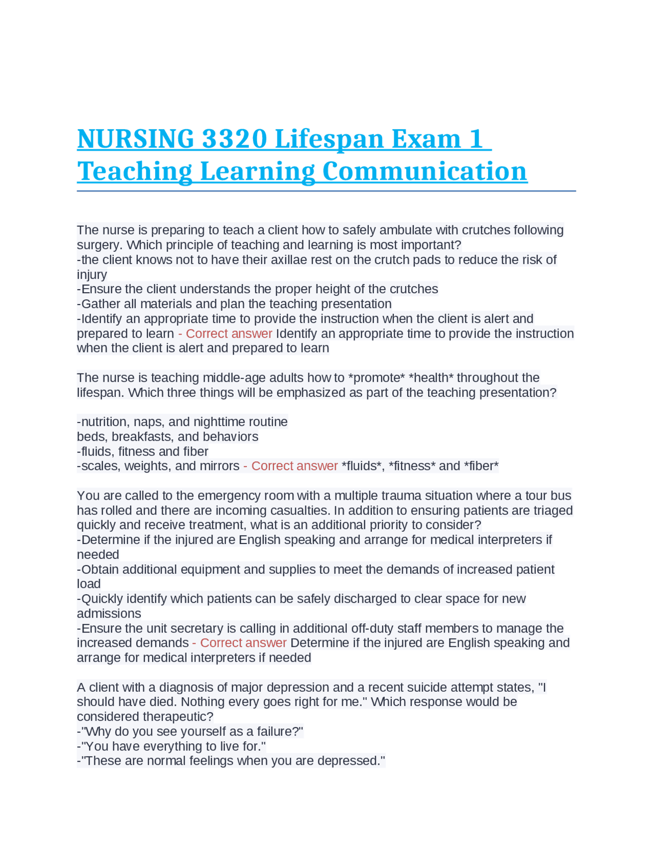 NURSING 3320 Lifespan Exam 1 Teaching Learning Communication Exams
