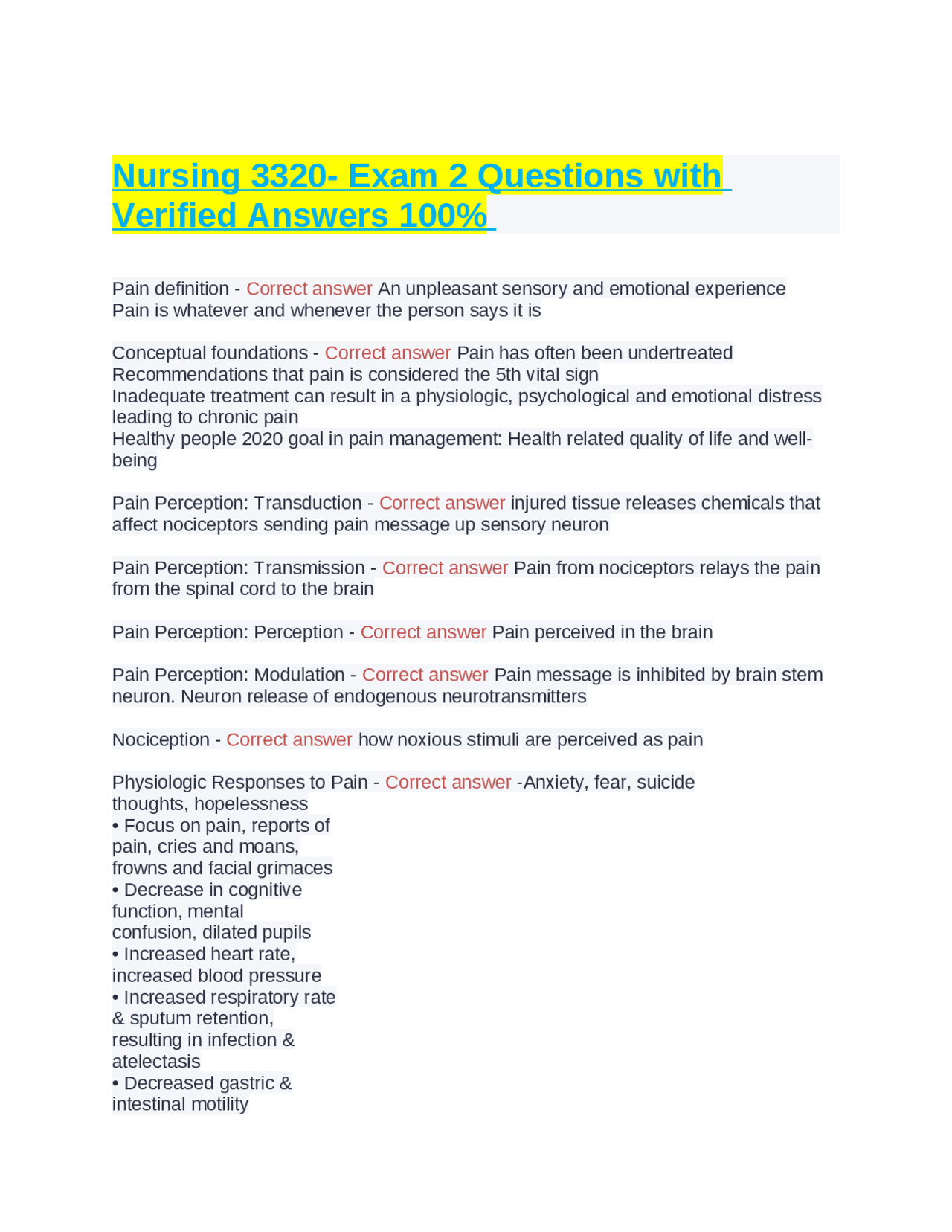 Nursing 3320- Exam 2 Questions with Verified Answers 100% | Exams ...