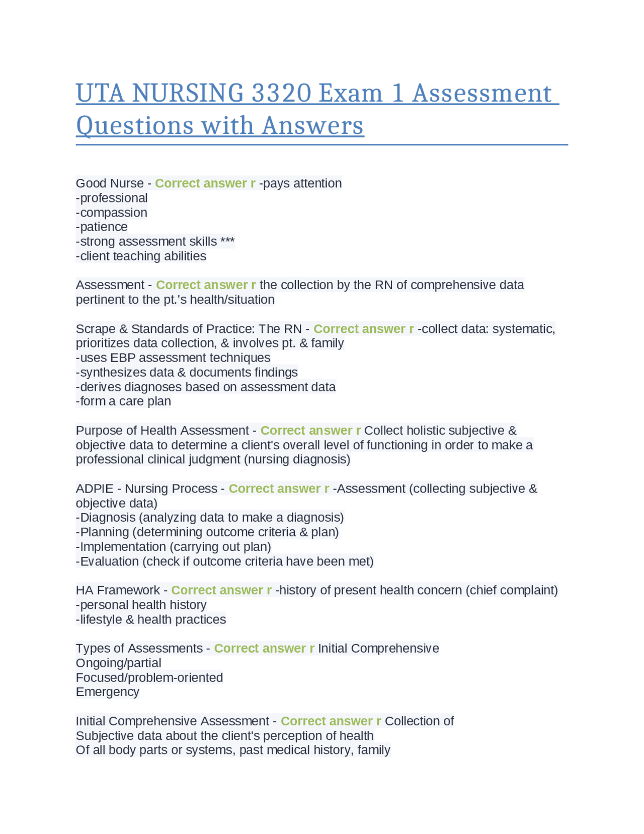 UTA Nursing 3320 Exam 1 Health Assessment Questions and Answers
