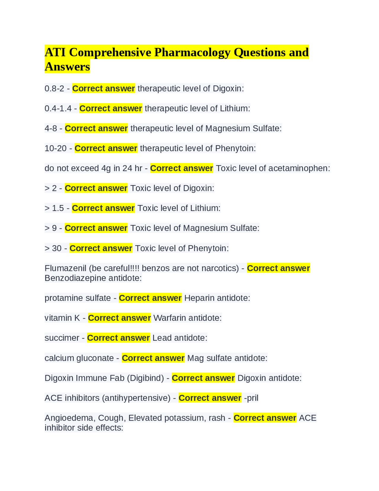 ATI Comprehensive Pharmacology Questions and Answers | Exams Pharmacology | Docsity