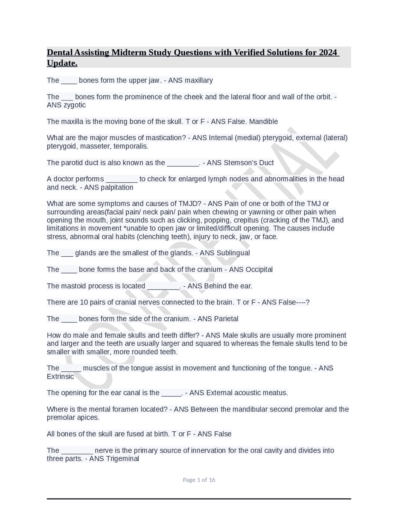 Dental Assisting Midterm Study Questions with Verified Solutions for