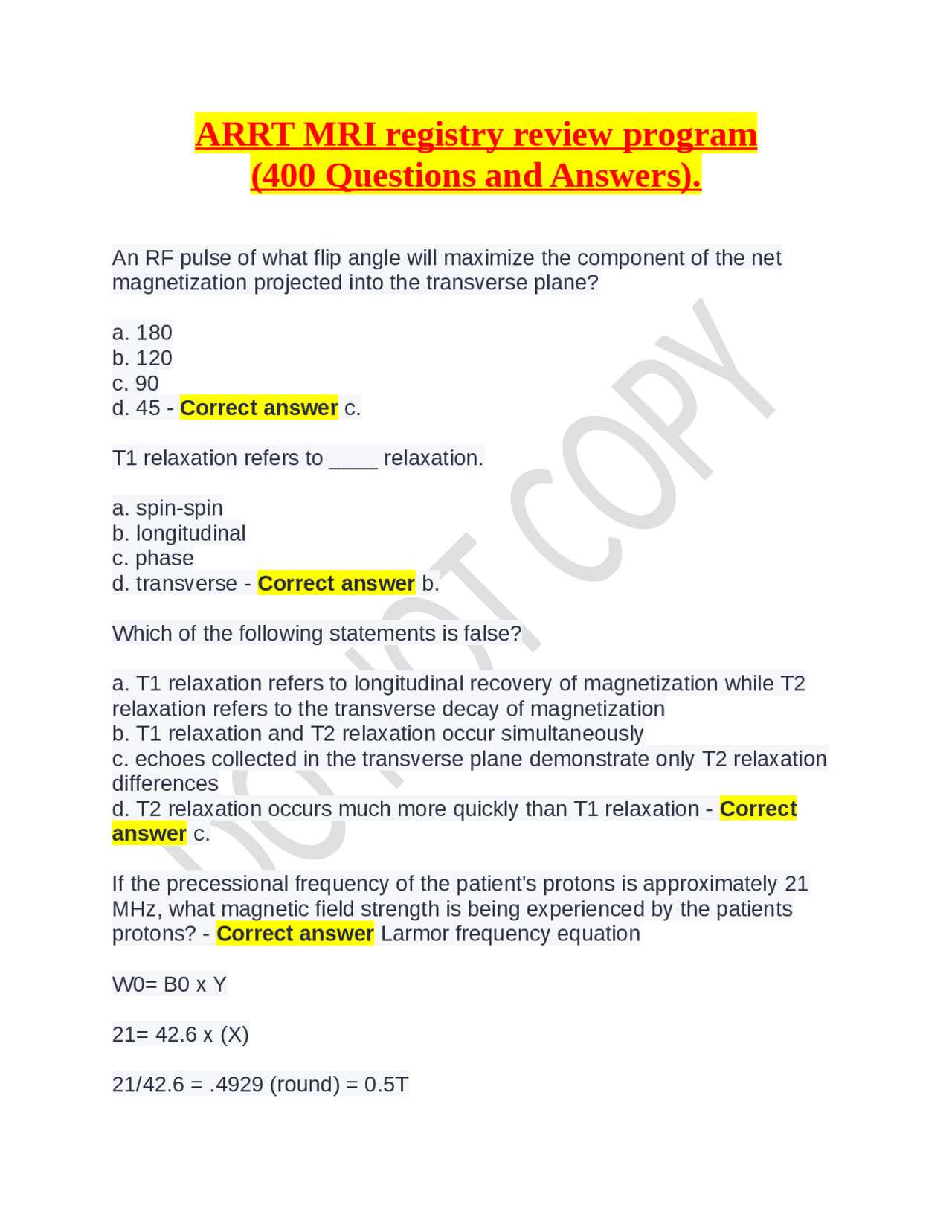MRI Principles: Frequently Asked Questions | Exams Nursing | Docsity