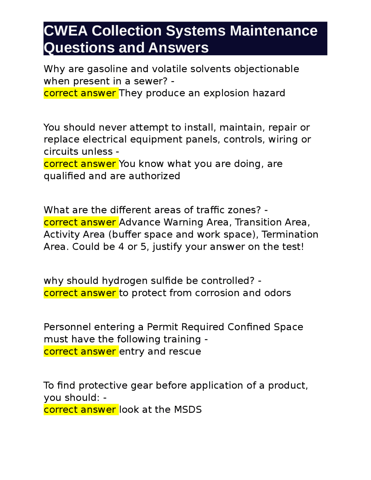 CWEA Collection Systems Maintenance Questions and Answers Exams Power