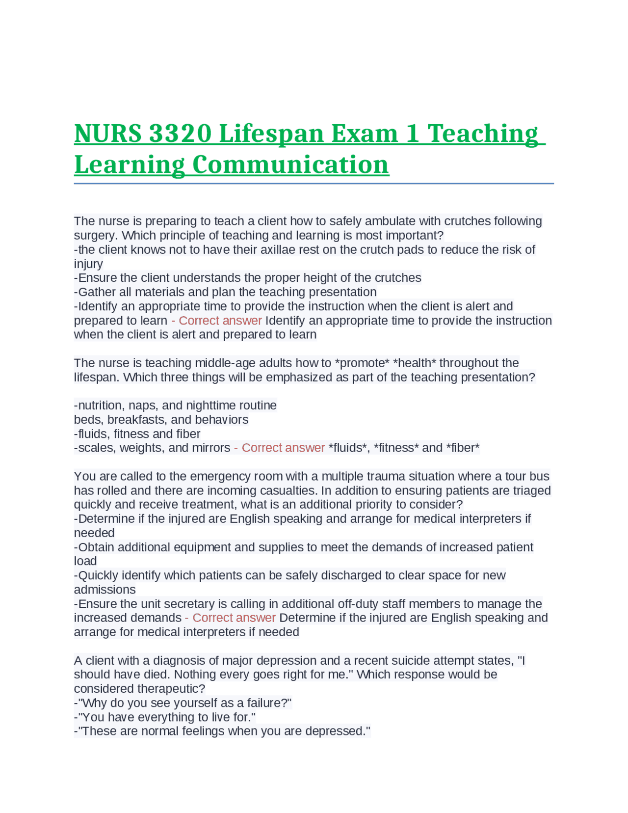 NURS 3320 Lifespan Exam 1 Teaching Learning Communication | Exams ...