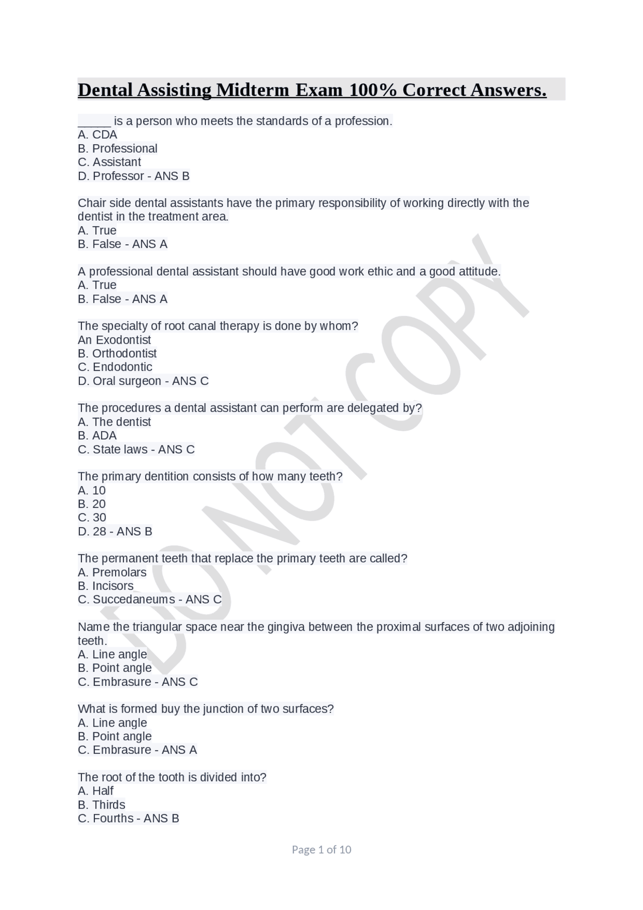 Dental Assisting Midterm Exam Answers and Questions | Exams Dental ...