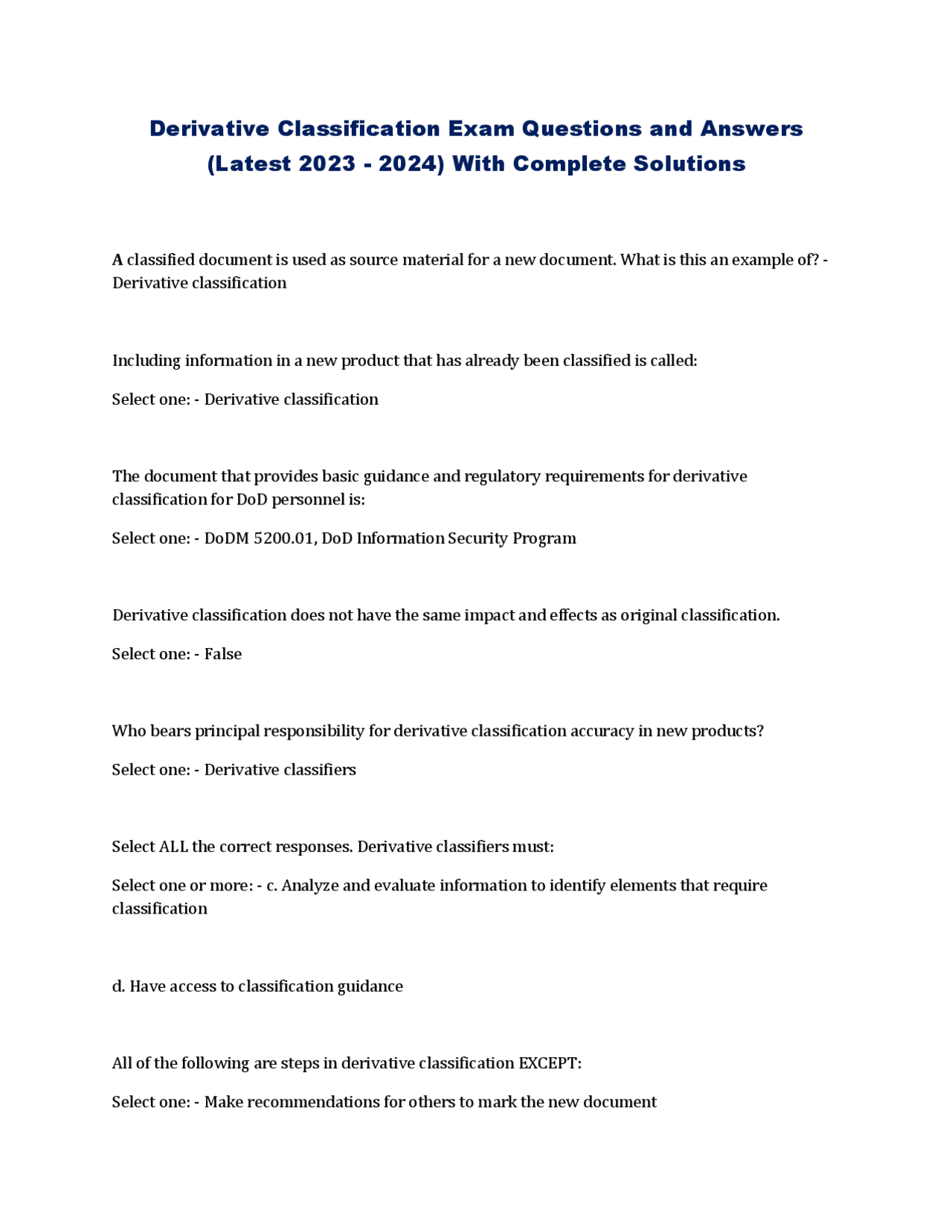 Derivative Classification Exam: Questions, Answers, and Solutions for ...