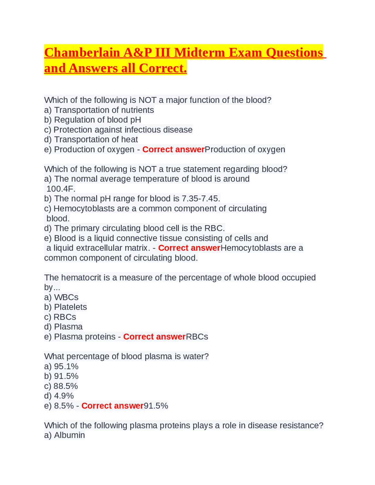 Chamberlain A&P III Midterm Exam Questions and Answers all Correct ...