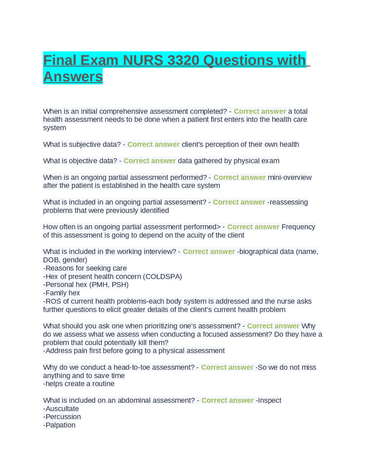 NURS 3320 Final Exam Questions and Answers: Assessing Client Health ...