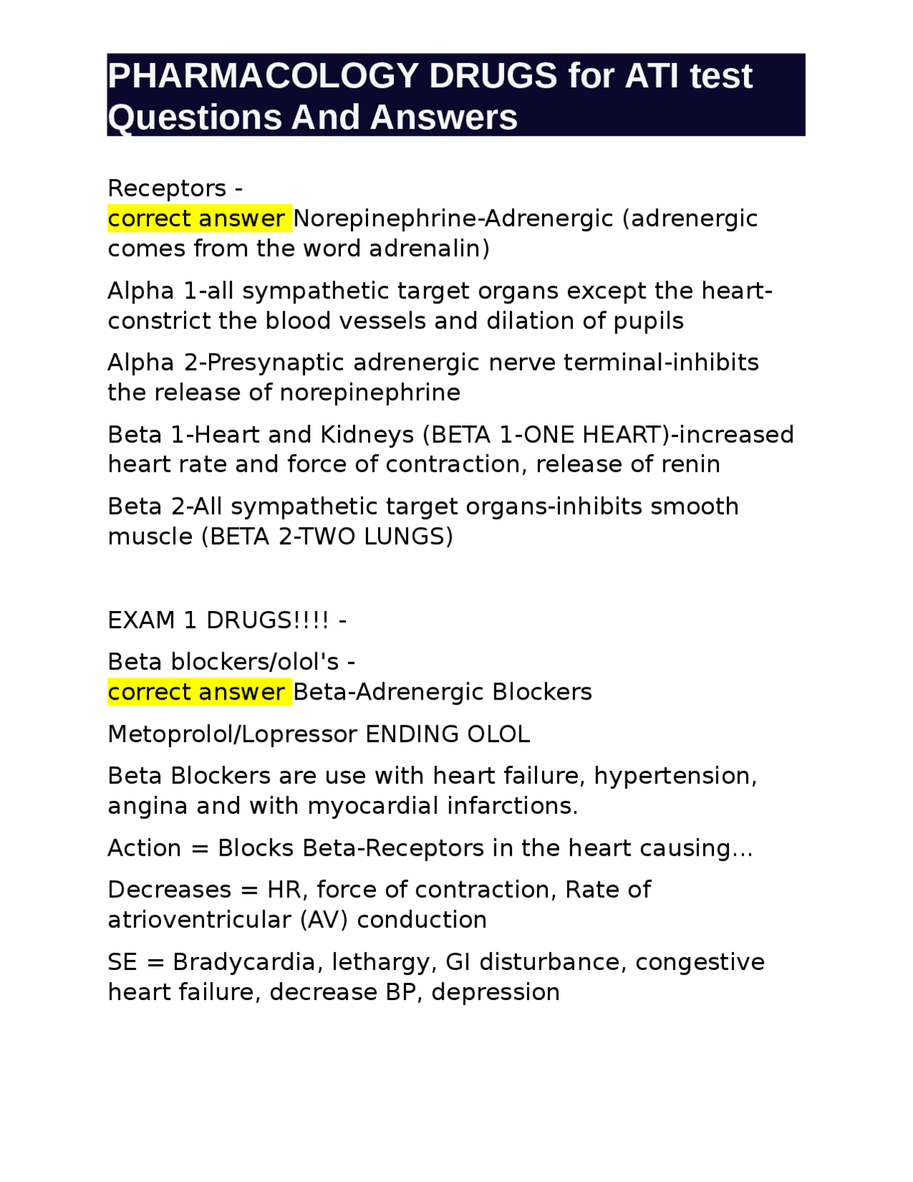 PHARMACOLOGY DRUGS for ATI test Questions And Answers | Exams ...
