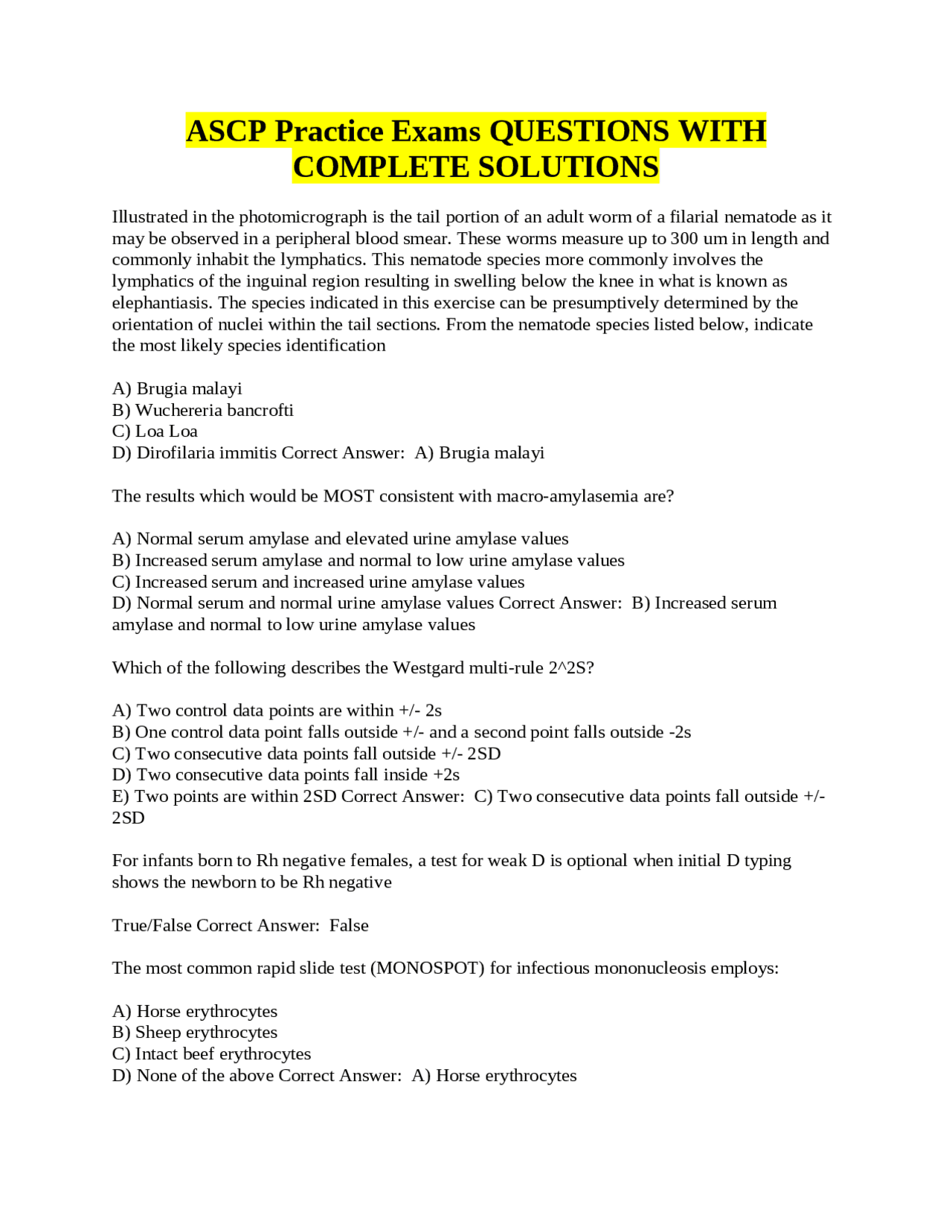 ASCP Practice Exams QUESTIONS WITH COMPLETE SOLUTIONS Exams Nursing