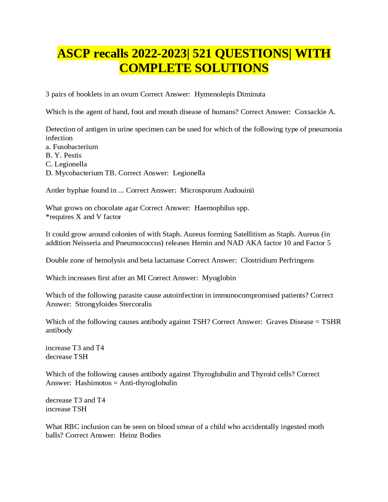 ASCP recalls 20242025 521 QUESTIONS WITH COMPLETE SOLUTIONS Exams
