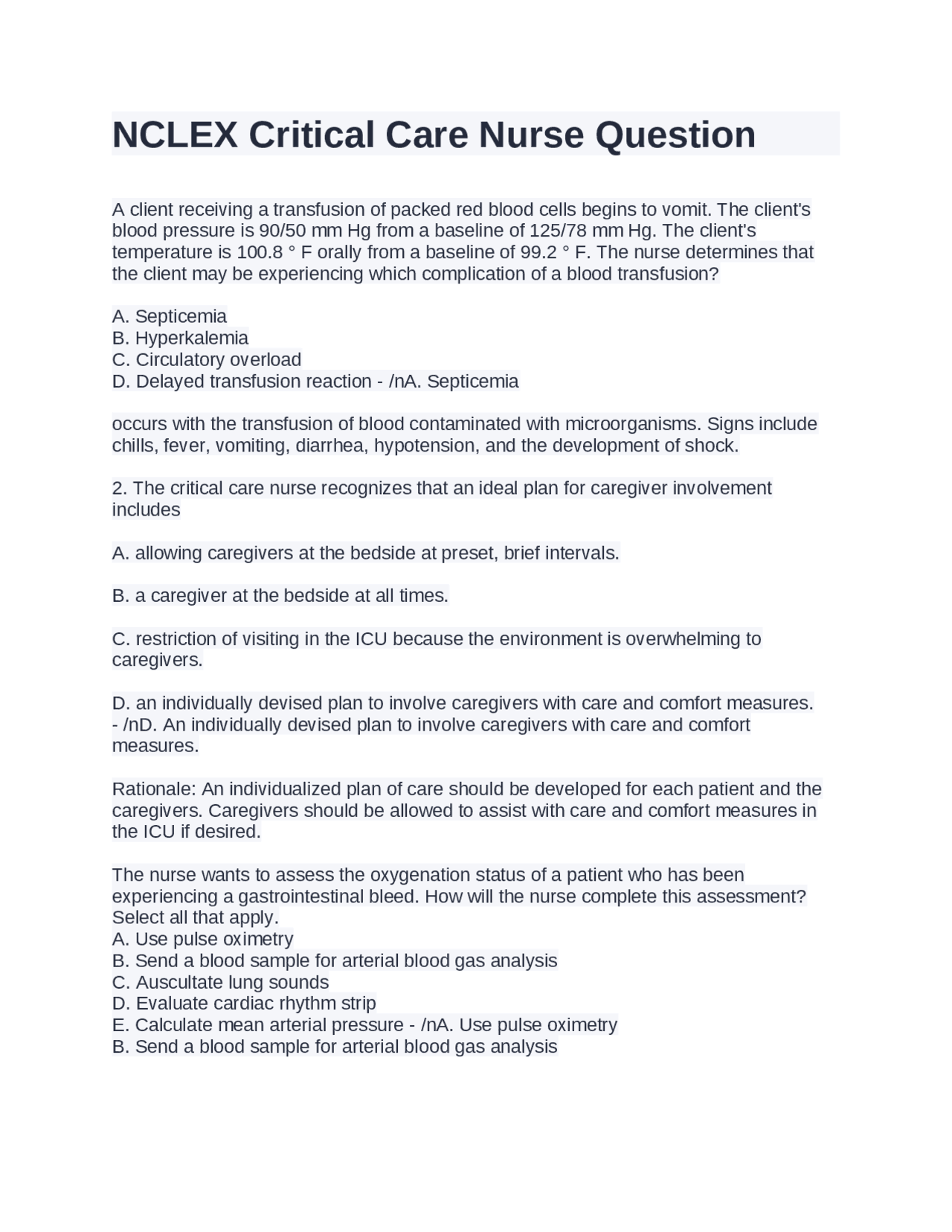NCLEX Critical Care Nurse Question | Exams Nursing | Docsity