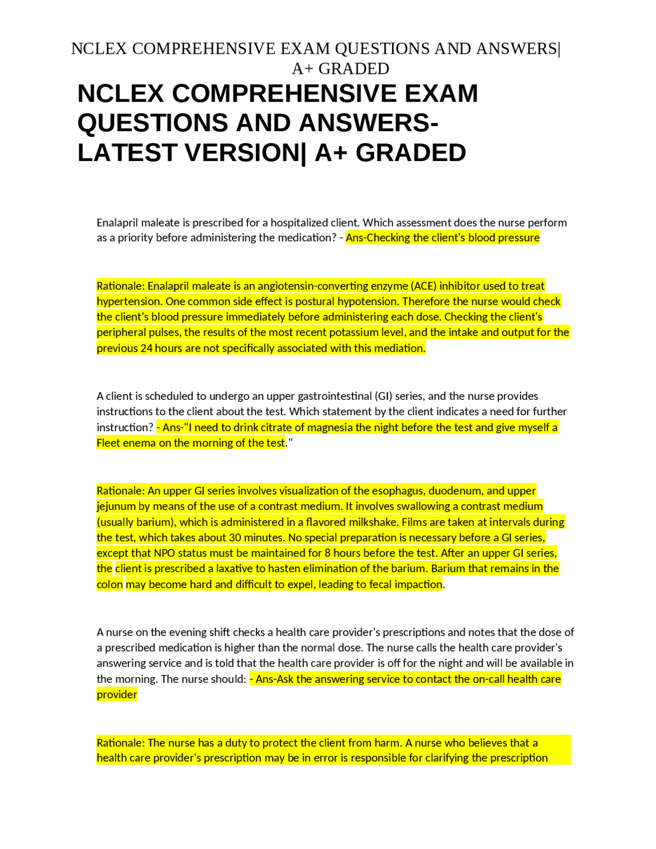 NCLEX COMPREHENSIVE EXAM QUESTIONS AND ANSWERS-LATEST VERSION| A+ ...