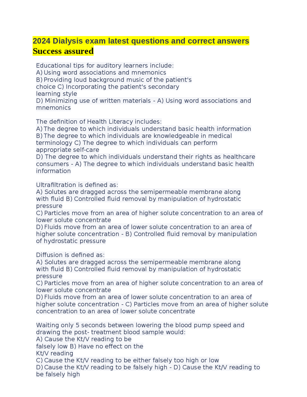 2024 Dialysis exam latest questions and correct answers 2024 Dialysis