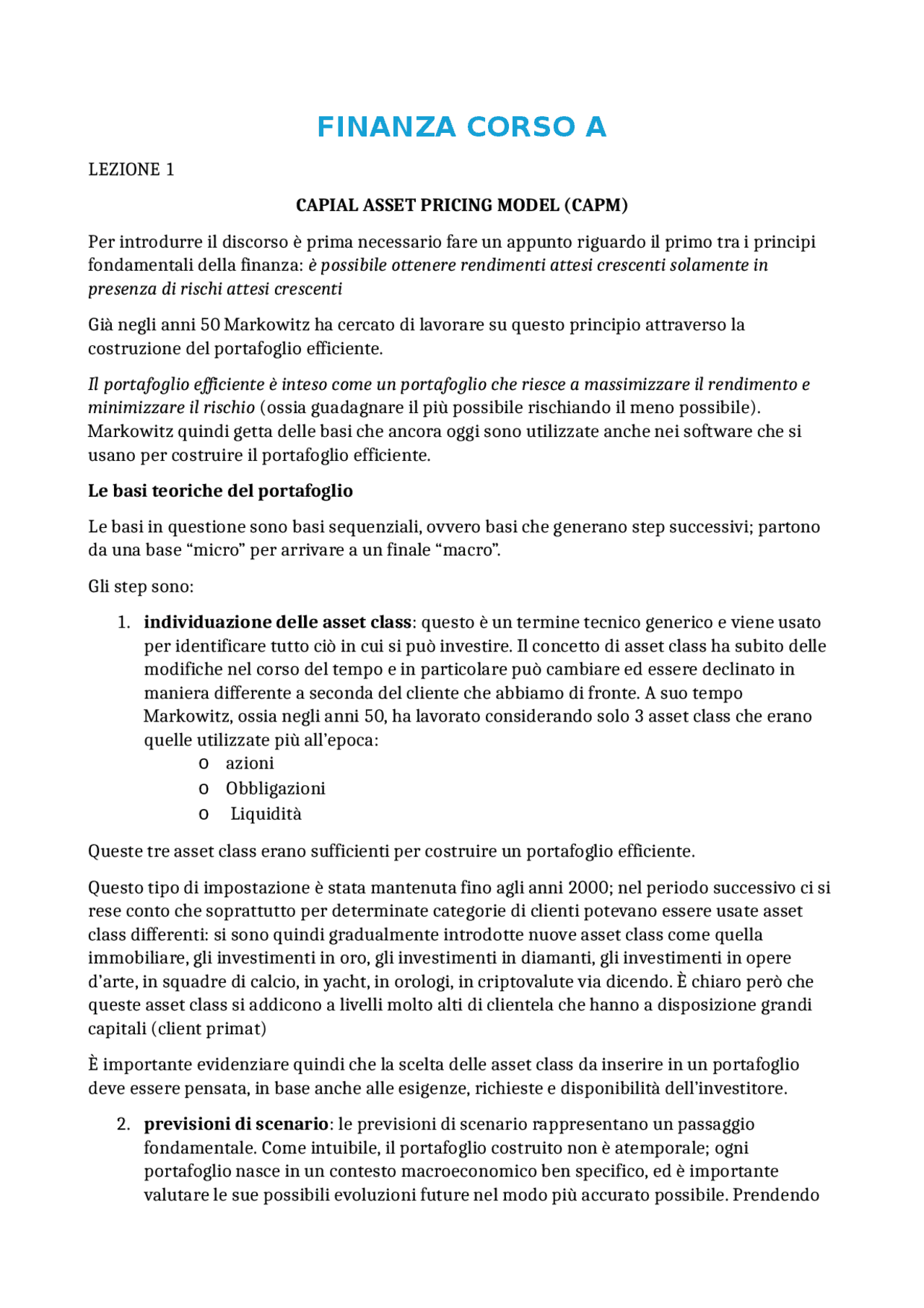Finanza Aziendale (corso A) | Appunti di Finanza Aziendale | Docsity