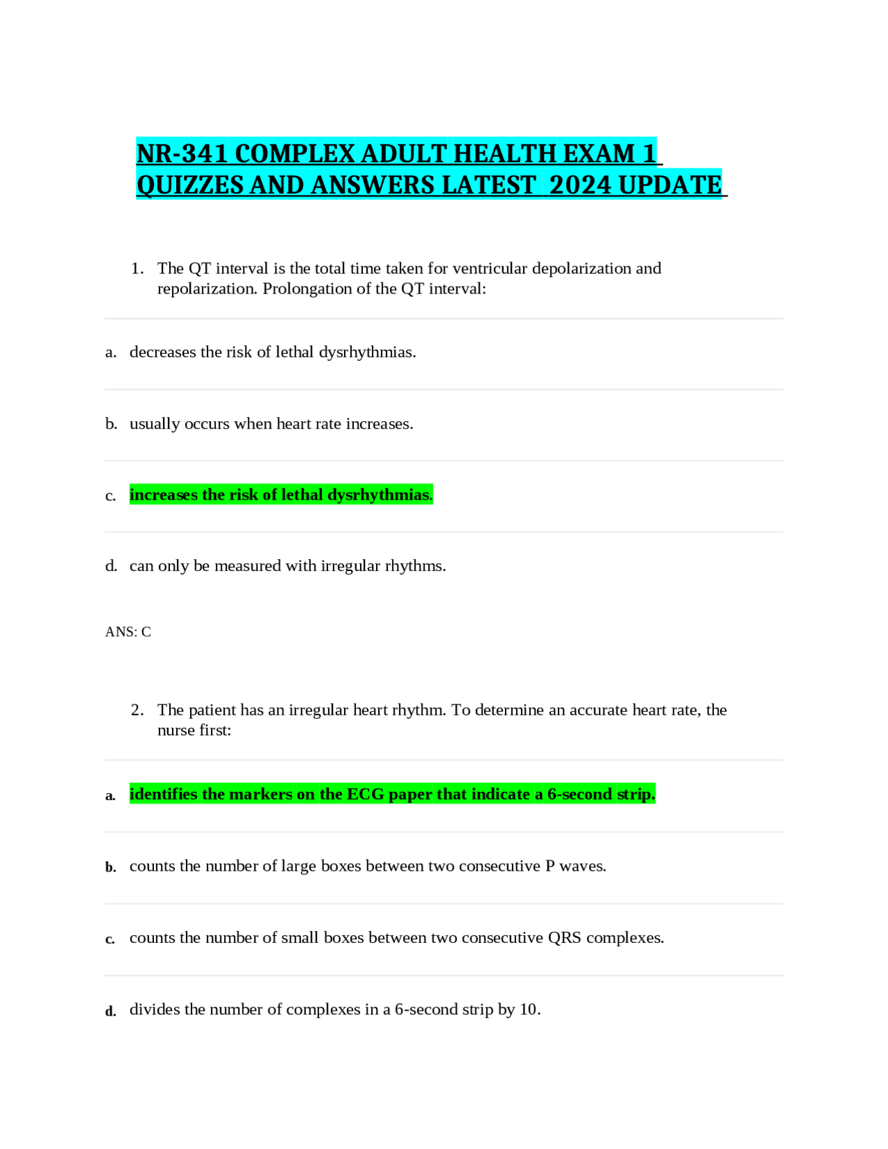 NR-341 COMPLEX ADULT HEALTH EXAM 1 QUIZZES AND ANSWERS LATEST 2024 ...