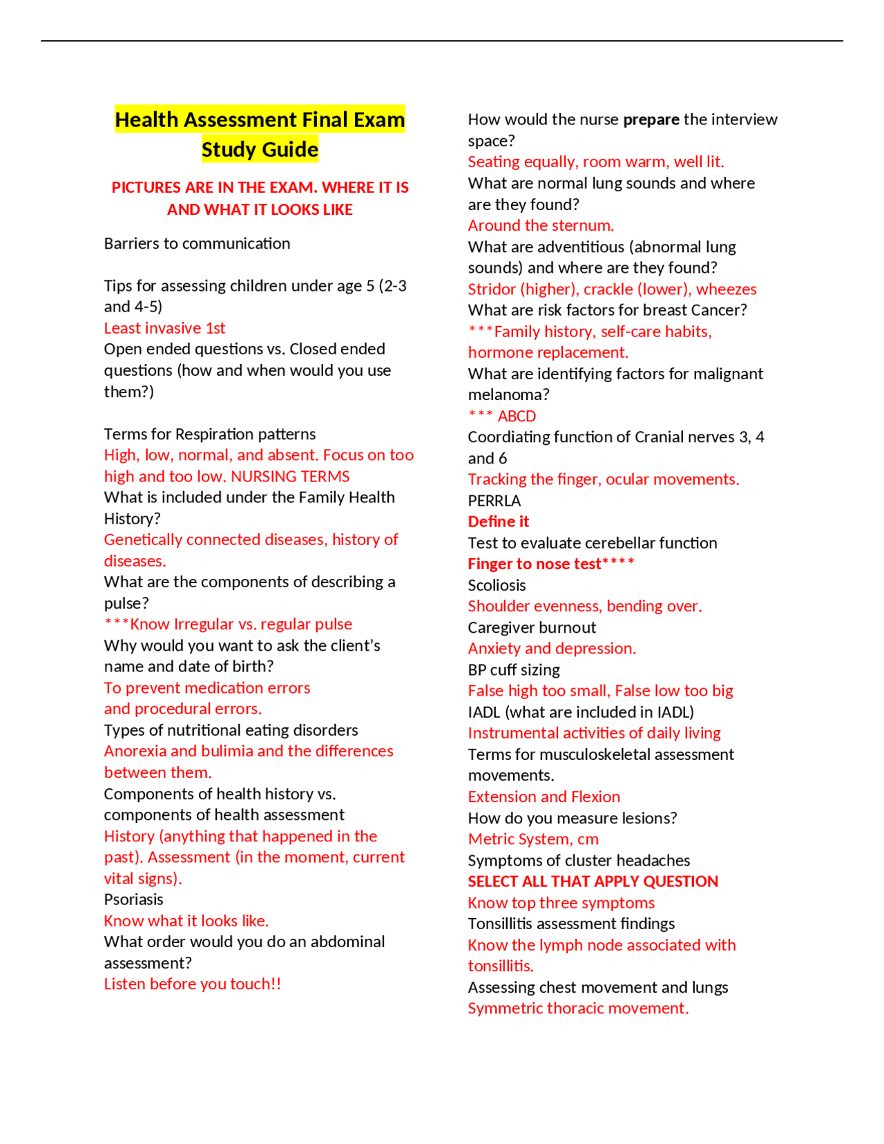 Health Assessment Exam Study Guide: Key Concepts and Questions | Study ...