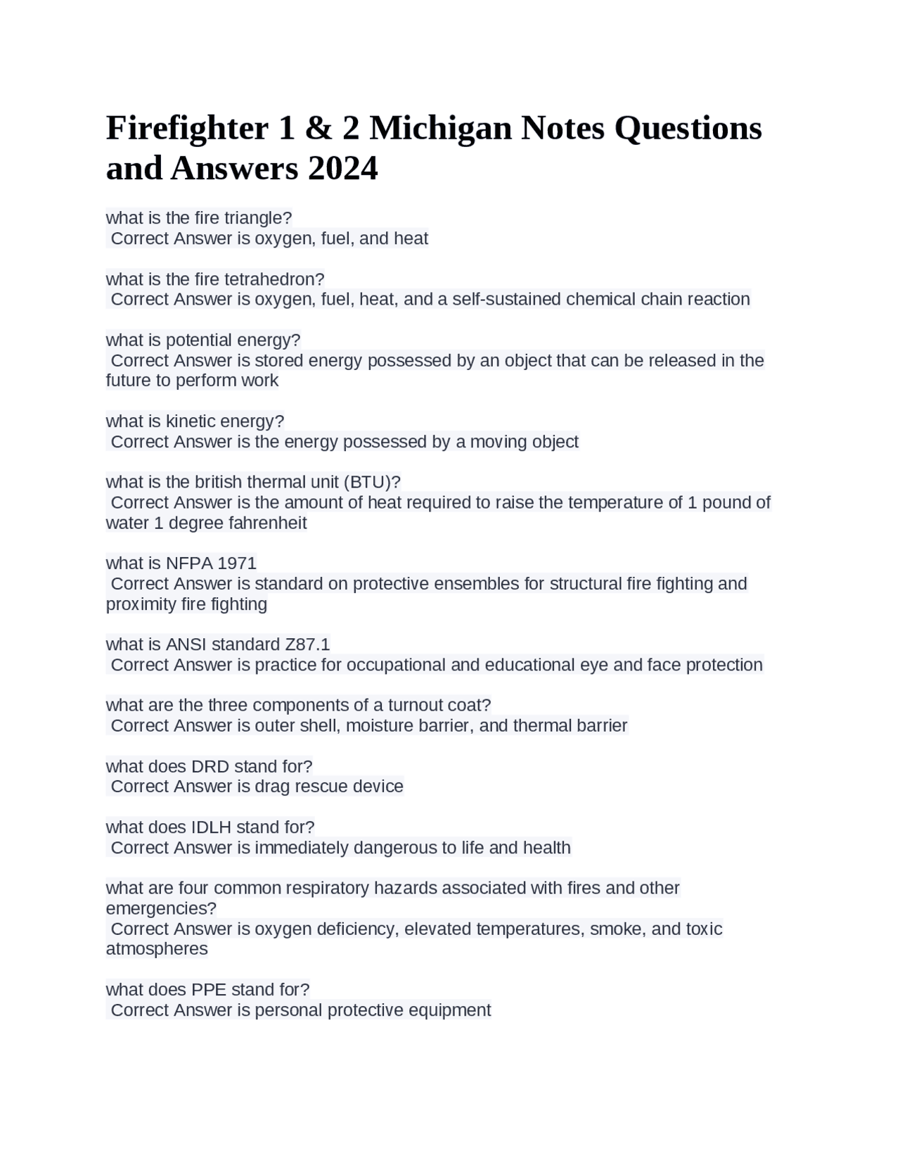 Firefighter 1 & 2 Michigan Notes Questions and Answers 2024 | Exams ...
