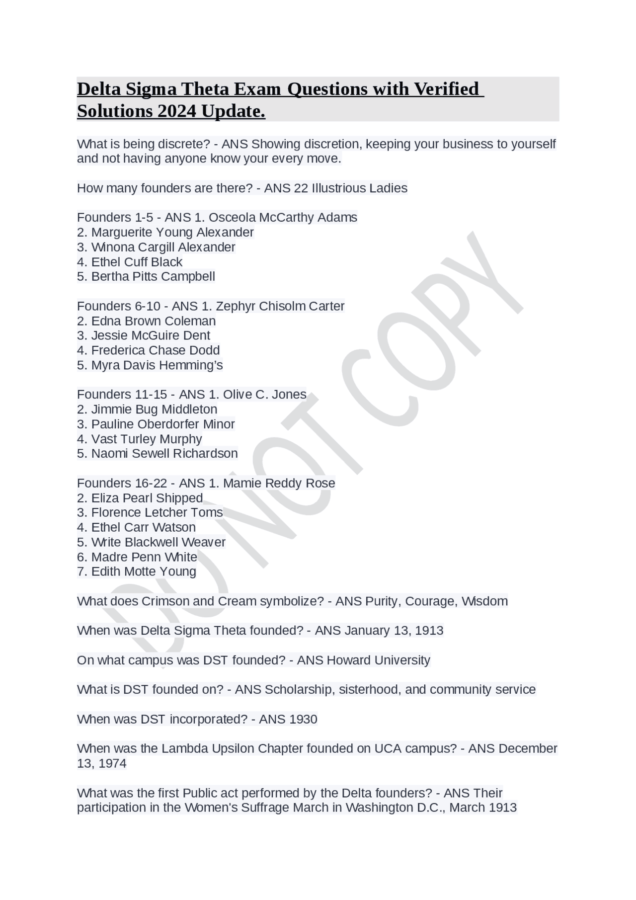 Delta Sigma Theta Exam Questions and Answers 2024 Founders, Symbols