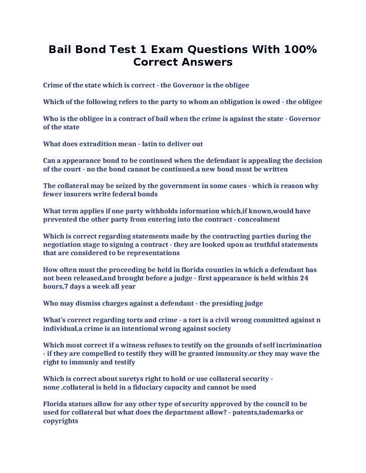 Bail Bond Test 1 Exam Questions With 100% Correct Answers | Exams Law ...