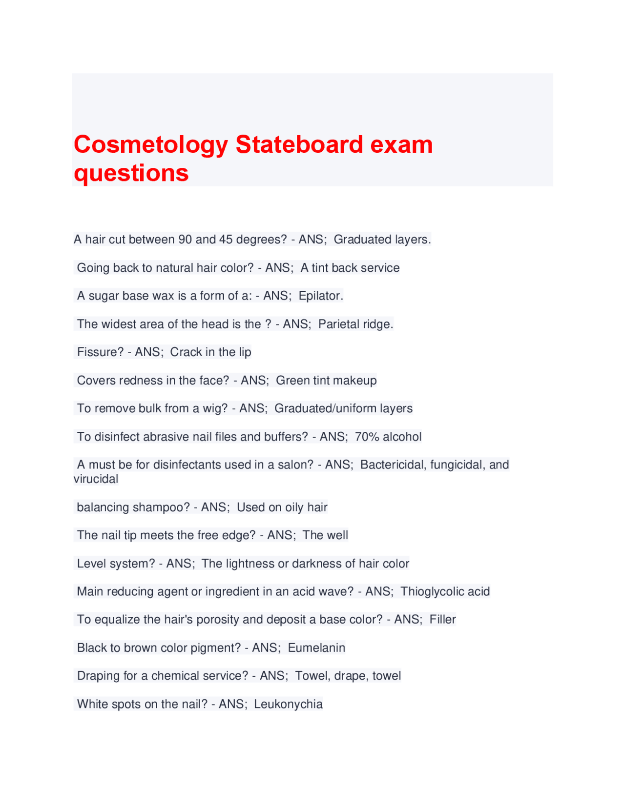 Cosmetology Exam Questions and Answers | Exams Cosmetology | Docsity