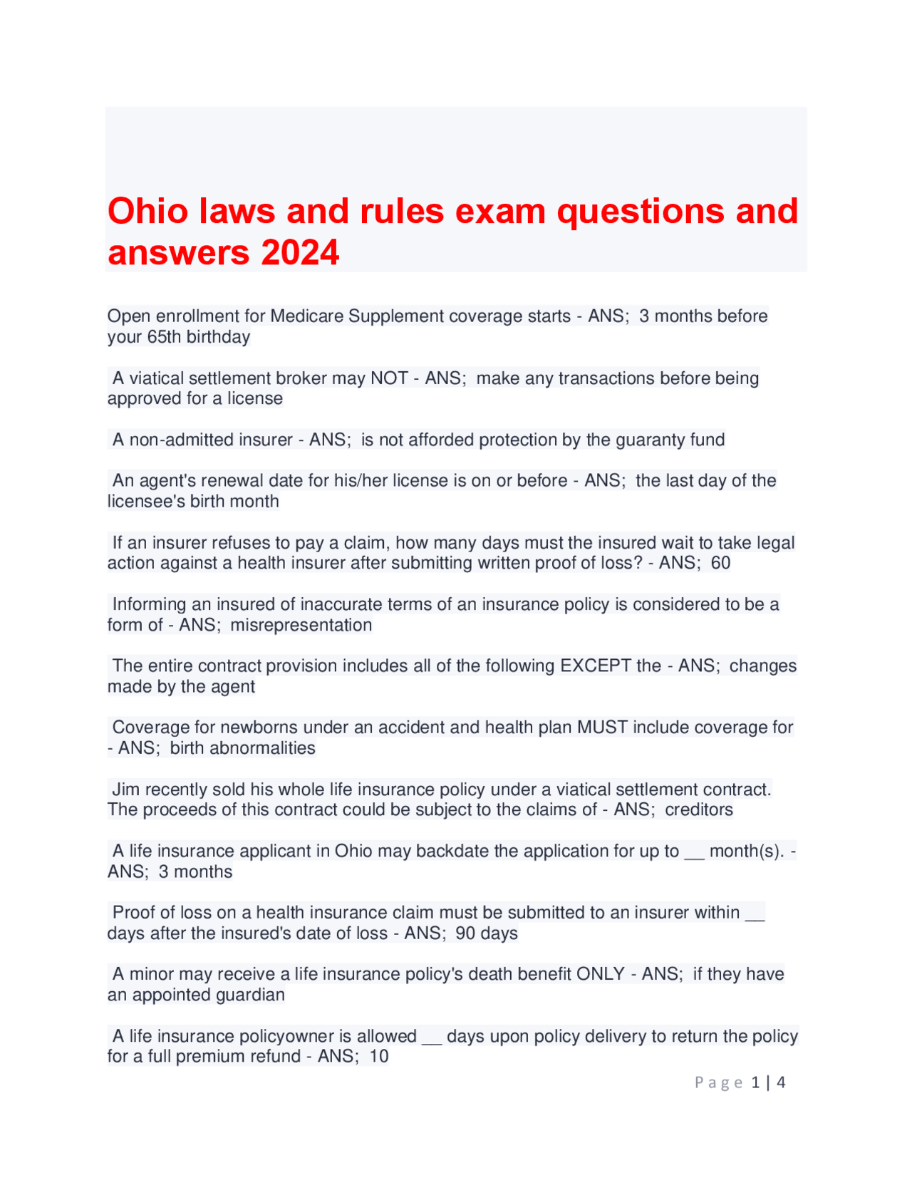 Ohio laws and rules exam questions and answers 2024. | Exams Law | Docsity