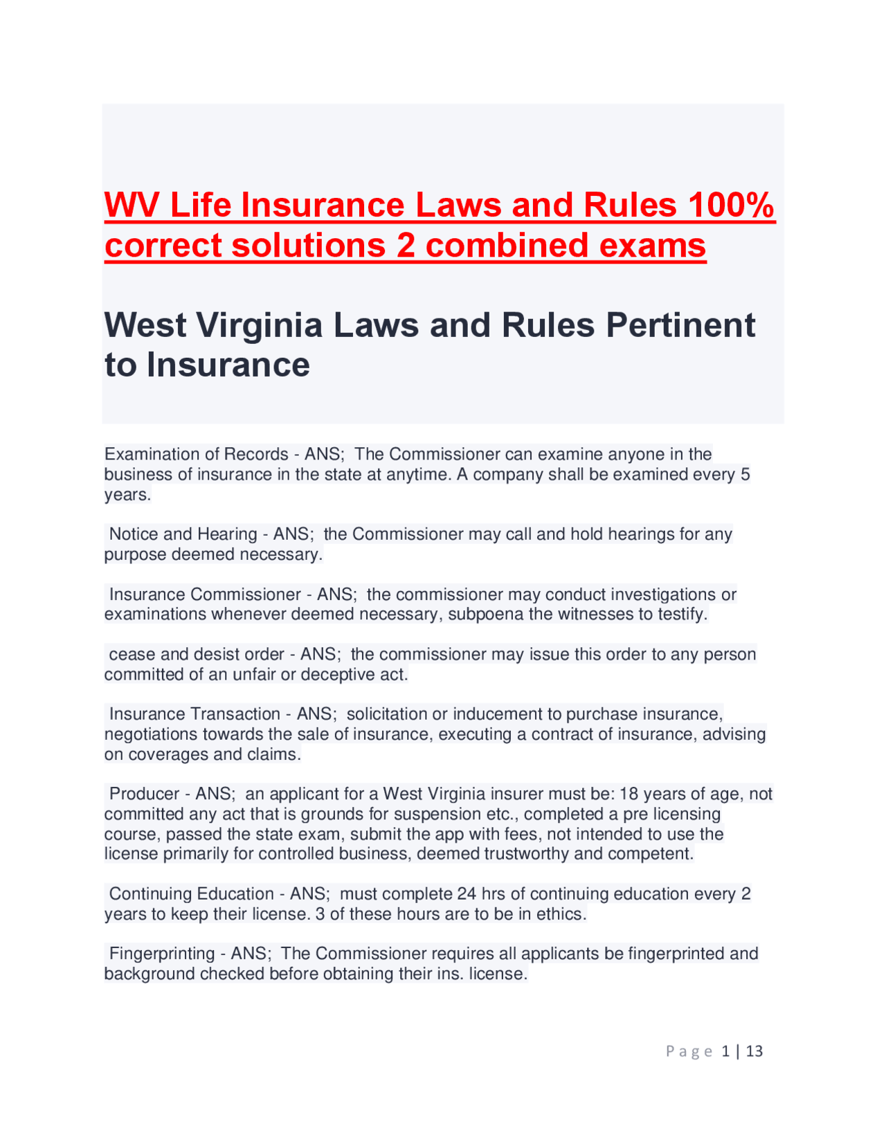 WV Life Insurance Laws and Rules 100 correct solutions 2 combined