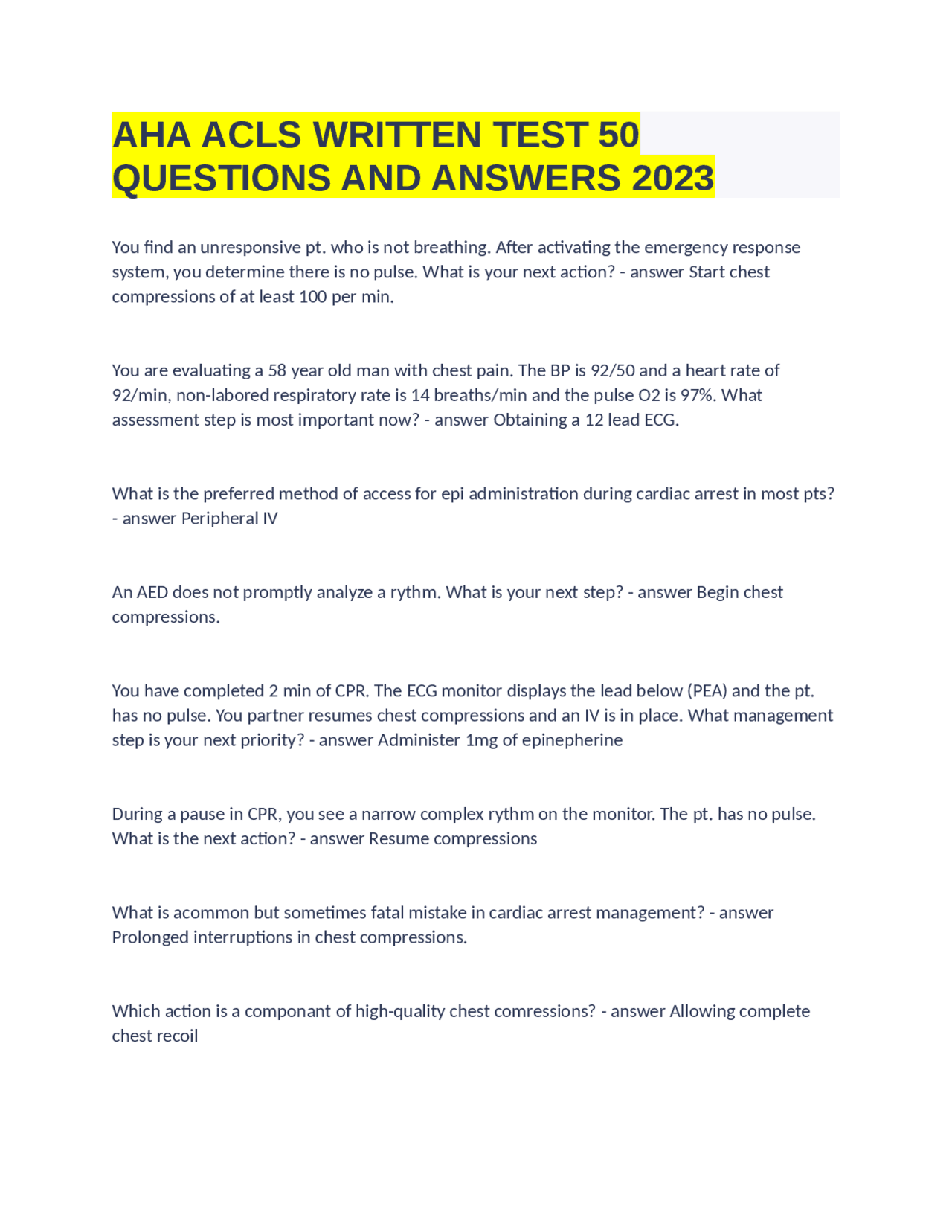 AHA ACLS WRITTEN TEST 50 QUESTIONS AND ANSWERS 2023 | Exams Cardiology ...