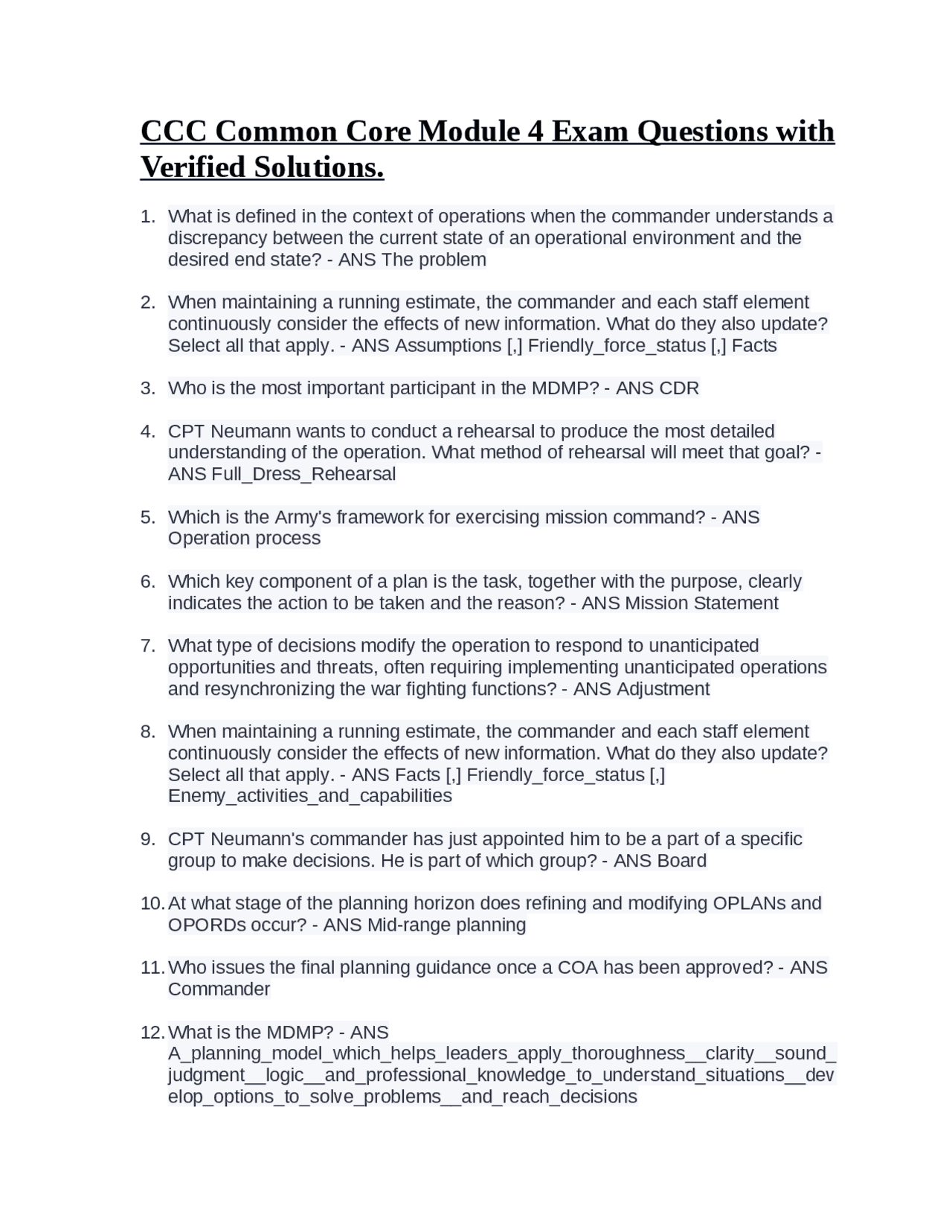 CCC Module 4 Exam Questions and Answers for Mission Command | Exams ...