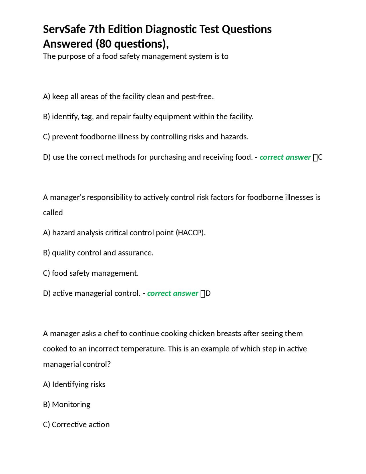 ServSafe 7th Edition Diagnostic Test Questions Answered | Exams Nursing ...