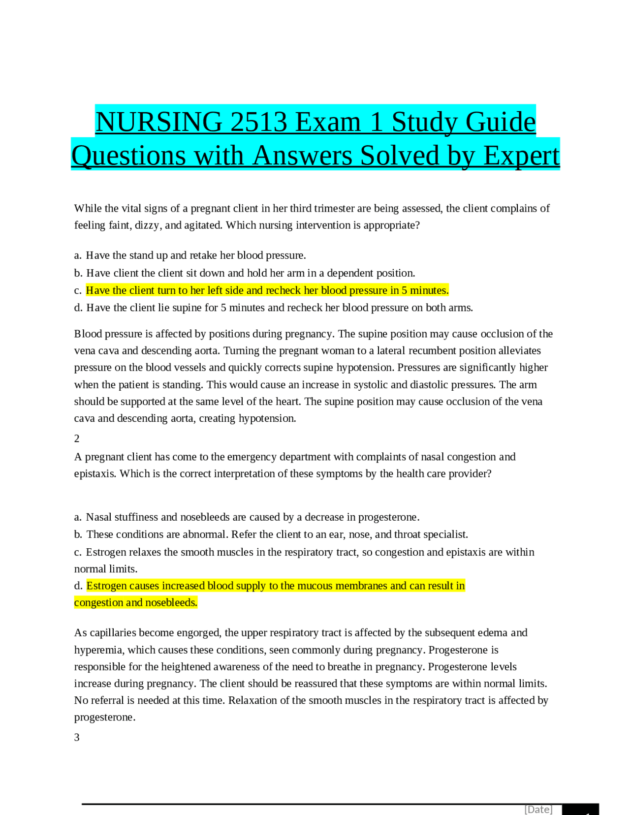 NURSING 2513 Exam 1 Study Guide Questions with Answers Solved by Expert ...