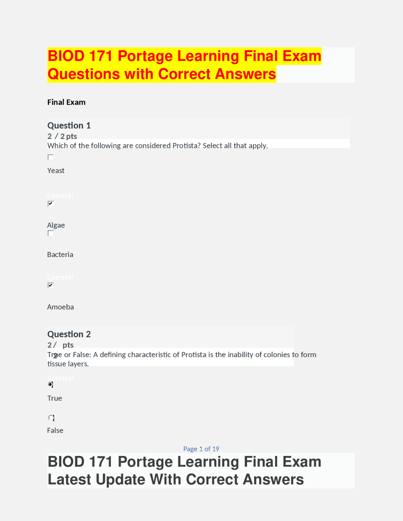 BIOD 171 Portage Learning Final Exam Questions with Correct Answers ...