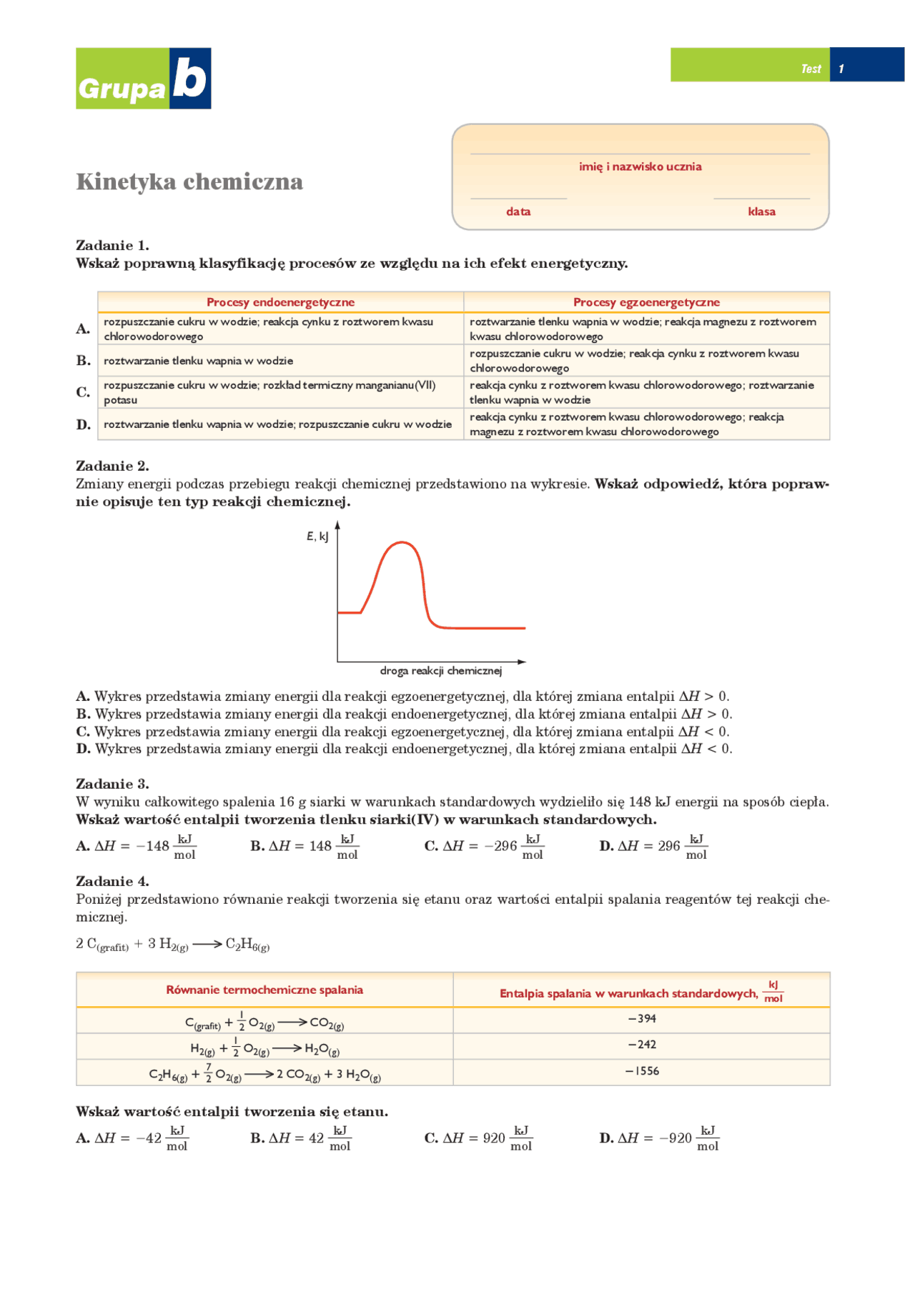 Kinematyka chemiczna | Testy Chemia | Docsity