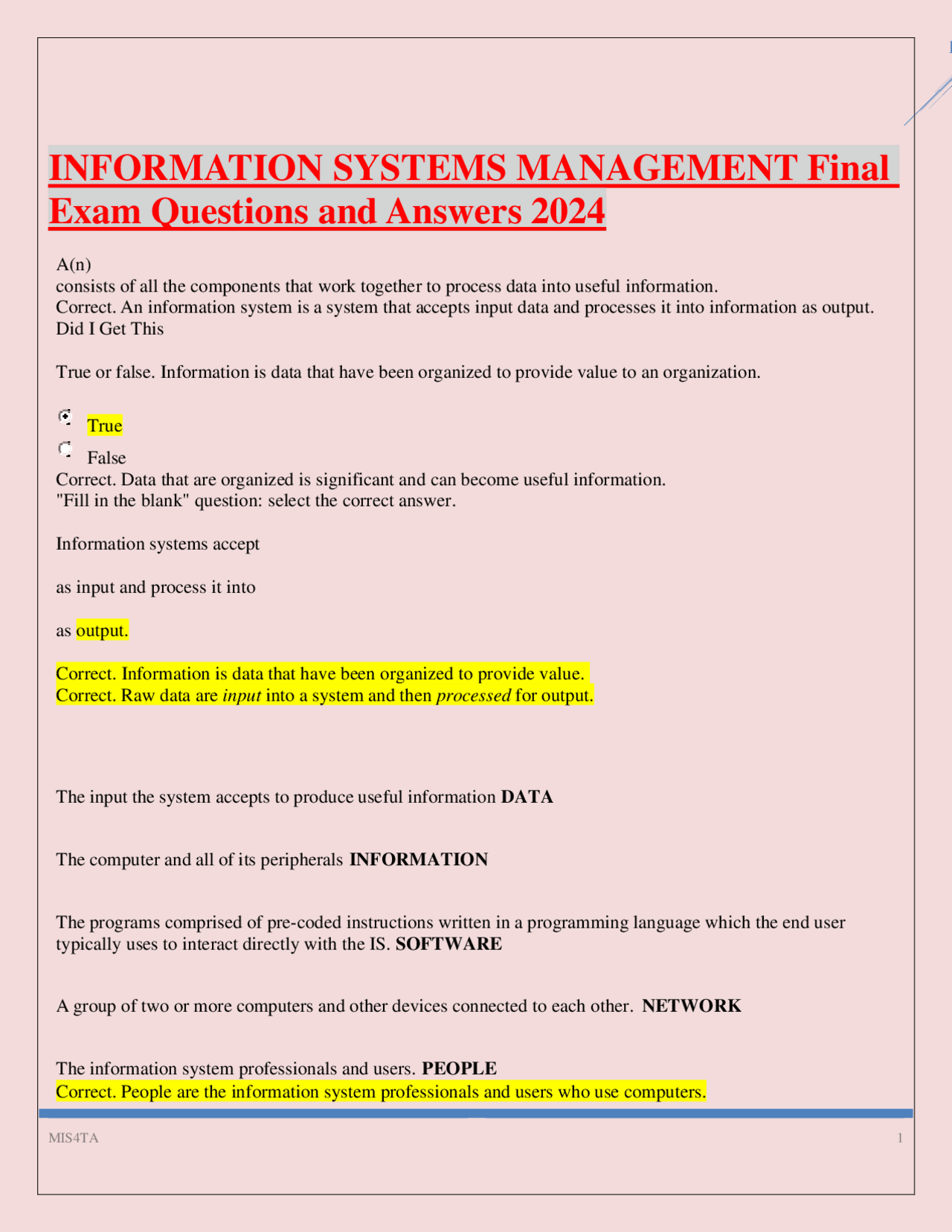 INFORMATION SYSTEMS MANAGEMENT Final Exam Questions and Answers 2024.pd ...