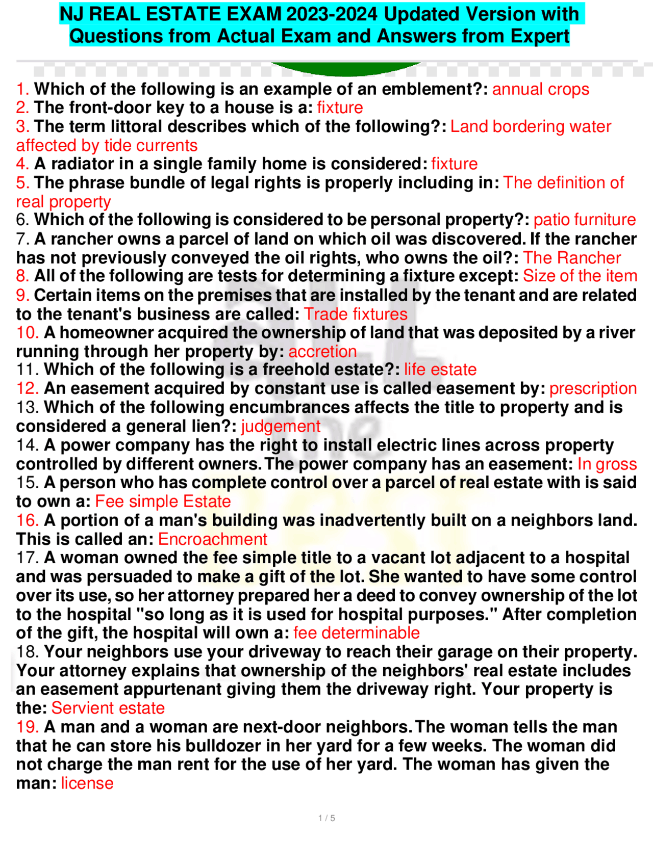 NJ REAL ESTATE EXAM 20232024 Updated Version with Questions from Actual Exam and Answers