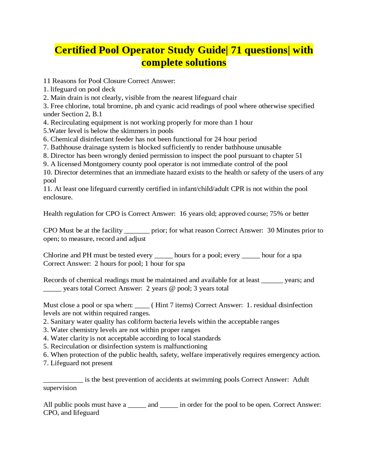 Certified Pool Operator Study Guide.docx Exams Nursing Docsity