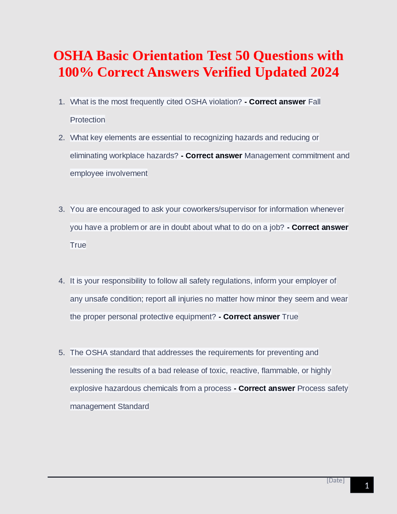 OSHA Basic Orientation Test 50 Questions with 100% Correct Answers ...