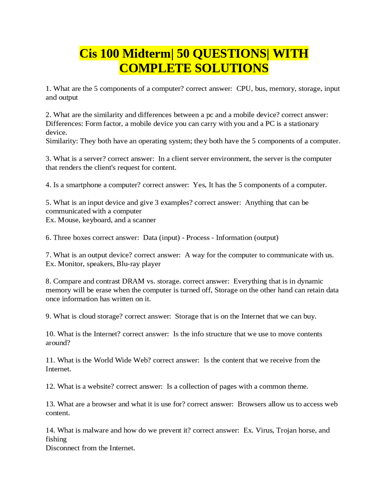 Computer Science Fundamentals Midterm Exam Review | Exams Nursing | Docsity