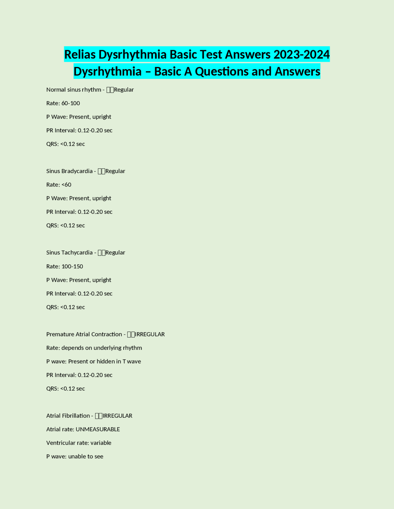 Relias Dysrhythmia Basic Test Answers 2023-2024 Dysrhythmia – Basic A ...