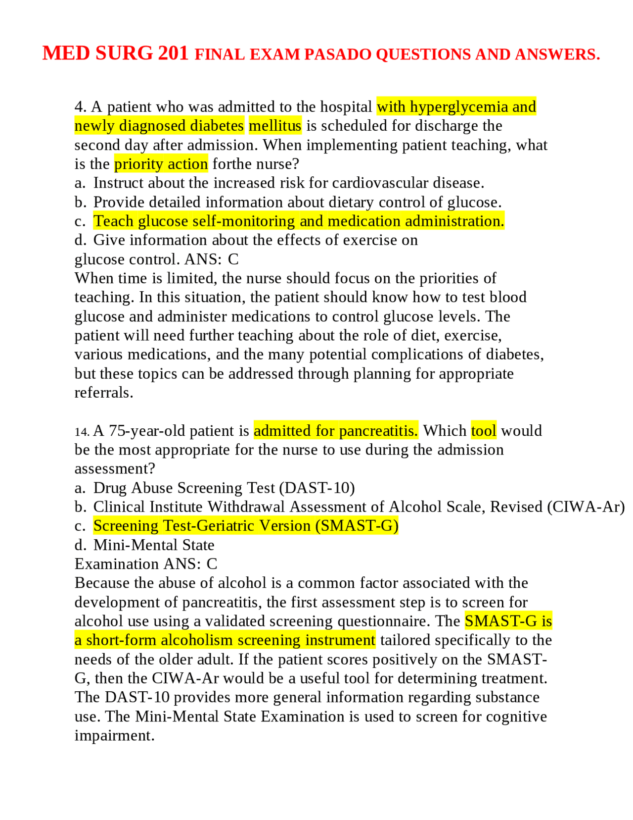 Med Surg Final Exam Questions and Answers: Nursing Care for Various ...