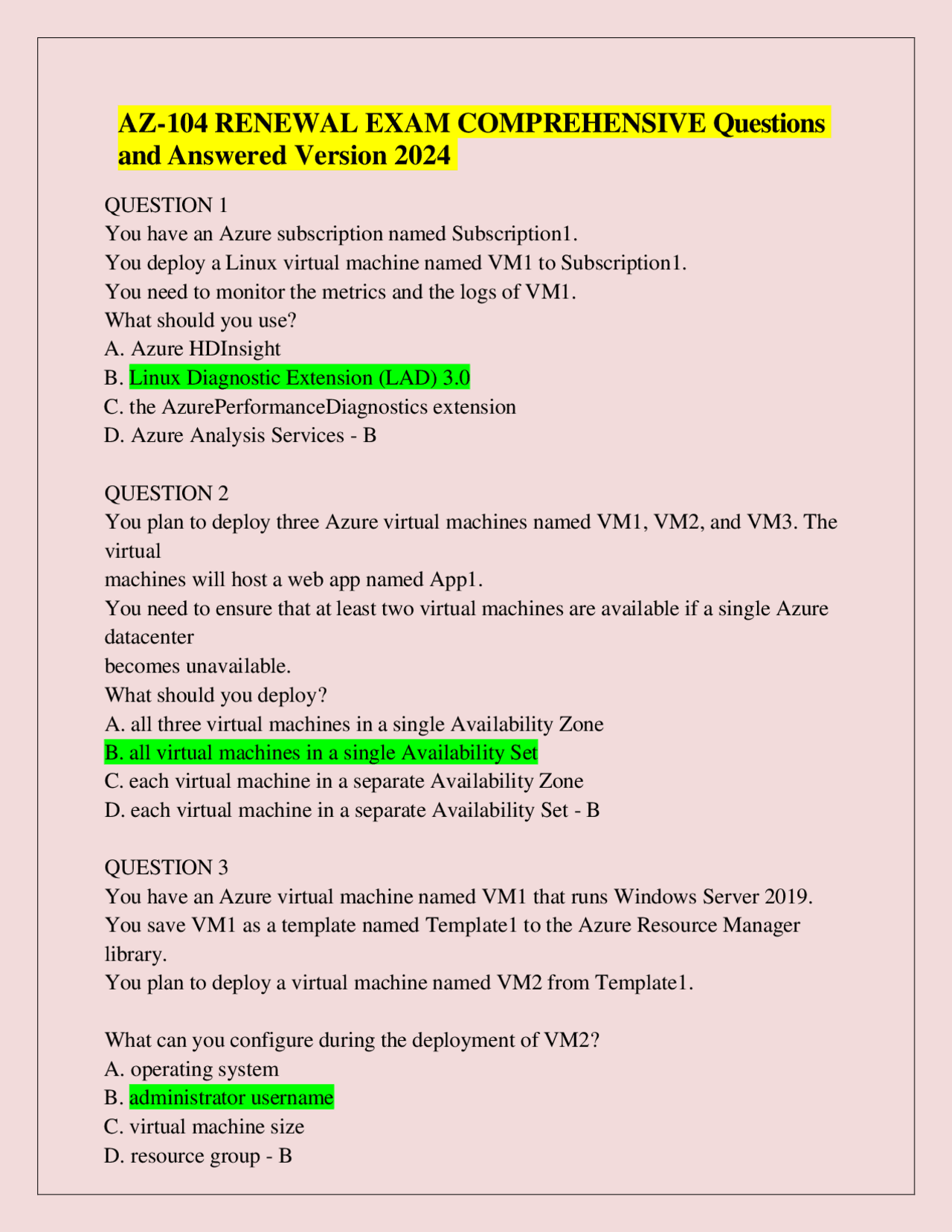 AZ-104 RENEWAL EXAM COMPREHENSIVE Questions and Answered Version 2024 ...
