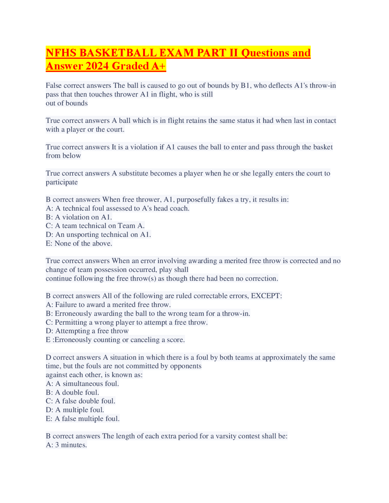 NFHS BASKETBALL EXAM PART II Questions and Answer 2024 Graded A+.pdf ...