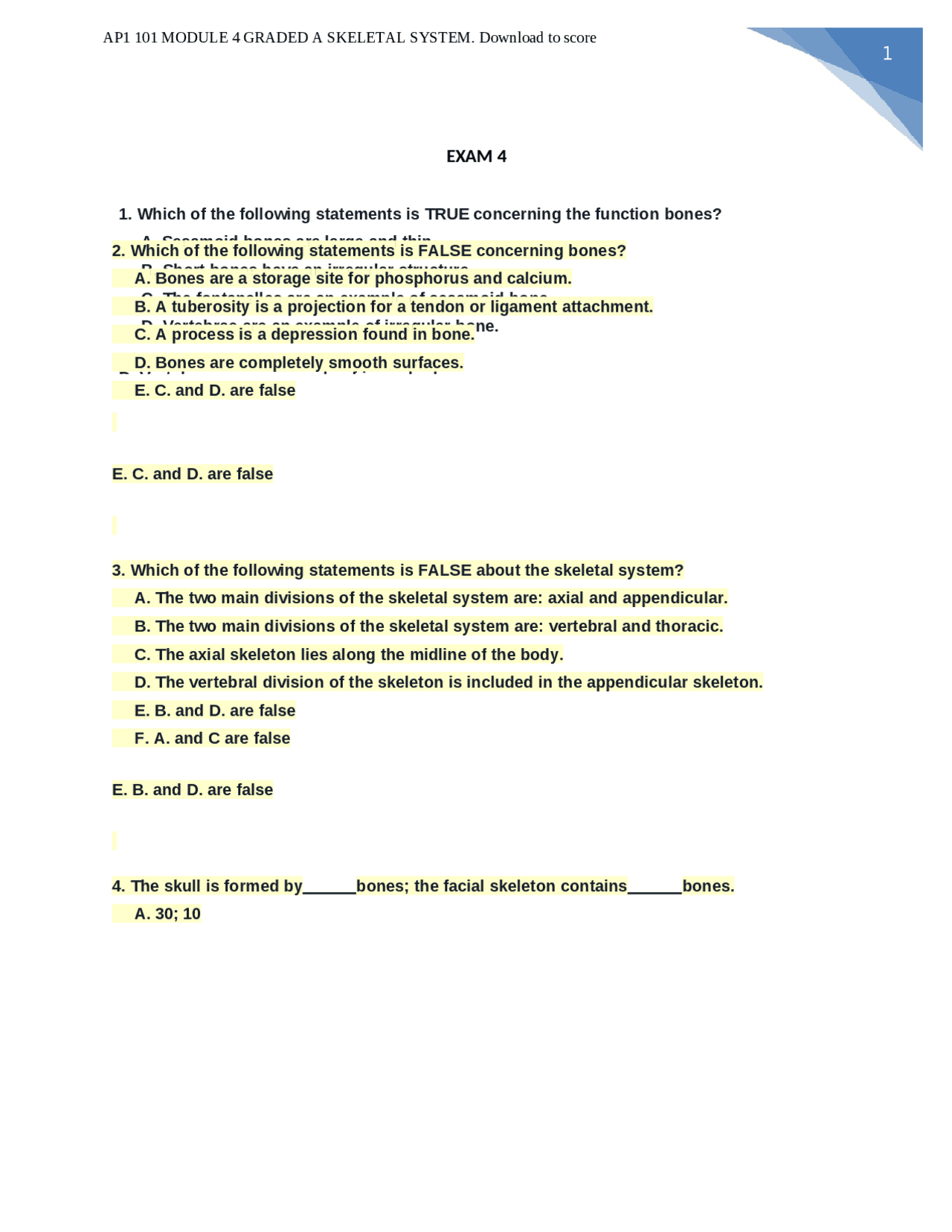 Skeletal System Quiz Questions and Answers | Exams Nursing | Docsity