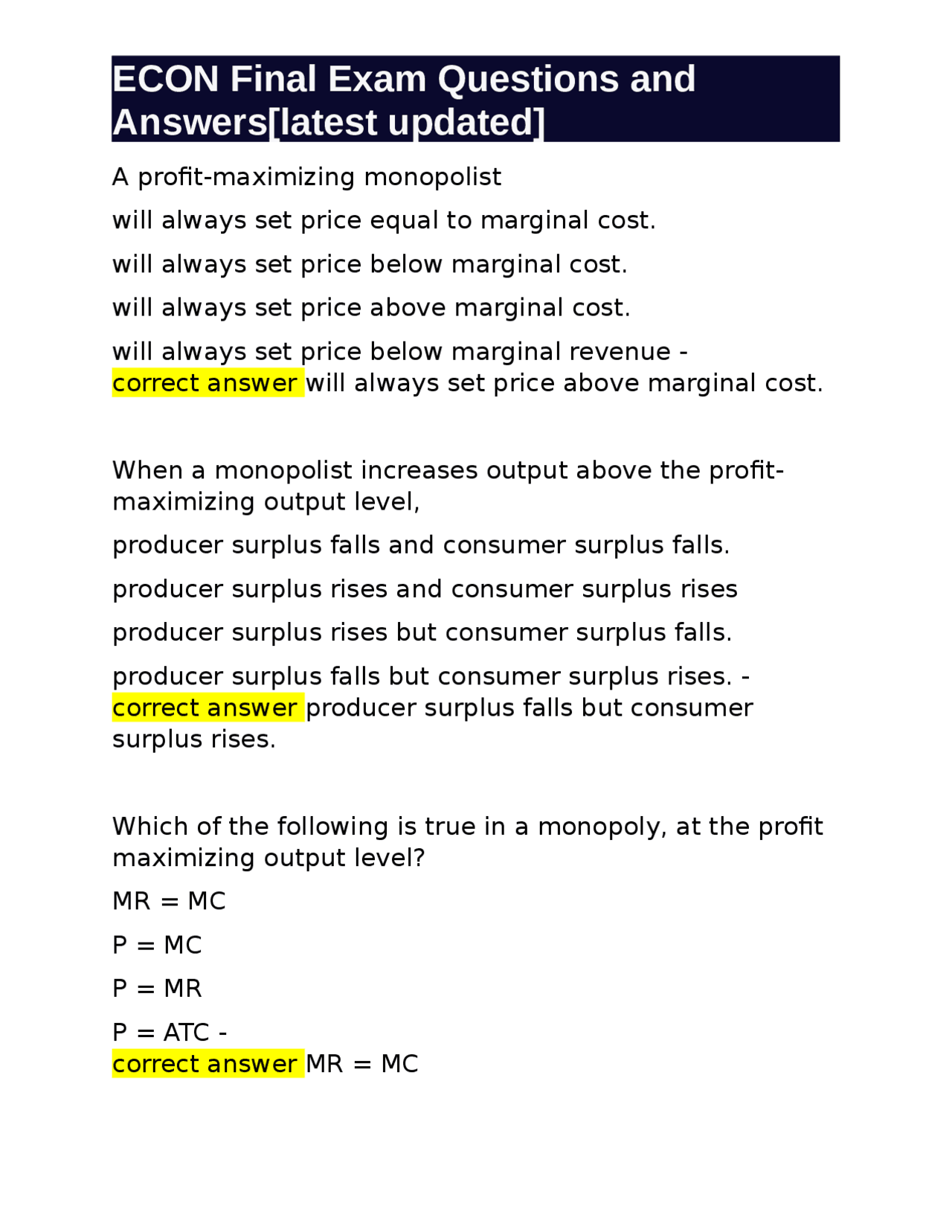 ECON Final Exam Questions and Answers[latest updated] | Exams Economics ...