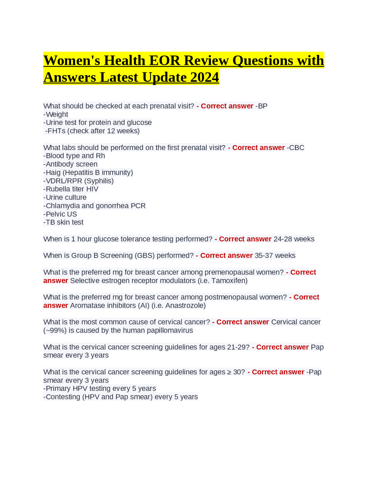Women's Health EOR Review Questions with Answers Latest Update 2024